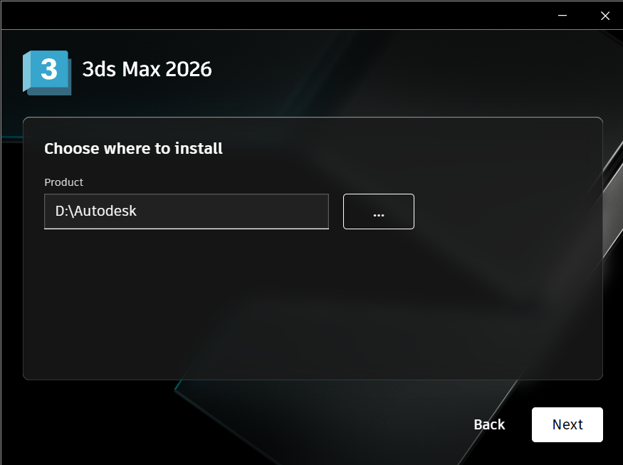 AK3X26INSTL_4.png Выбор папки установки 3ds Max 2026 в установщике