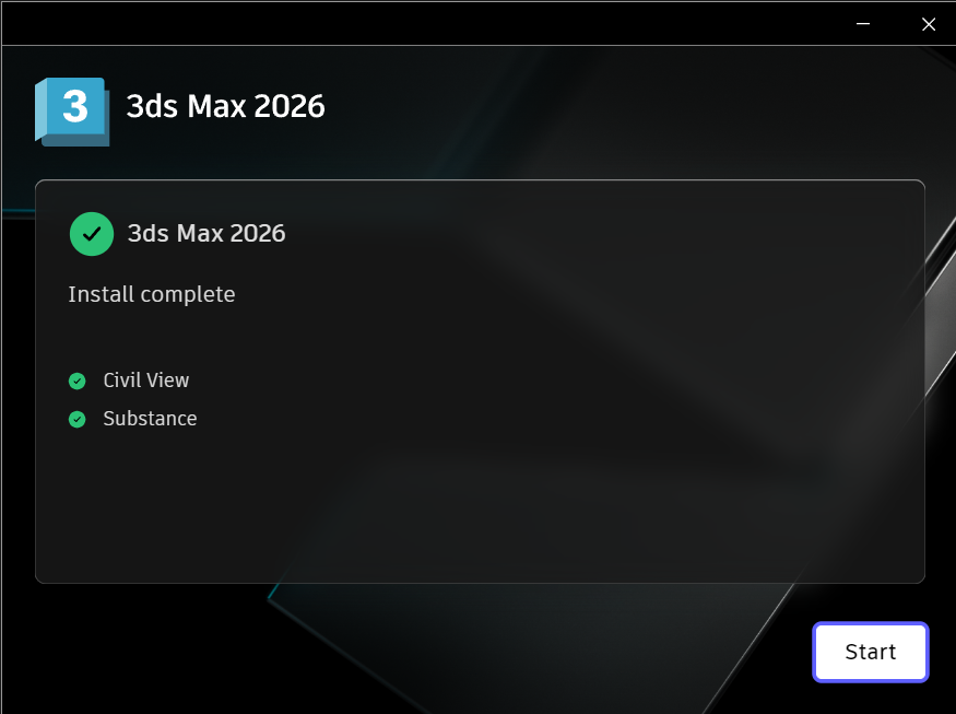AK3X26INSTL_5.png Завершение установки 3ds Max 2026 в установщике