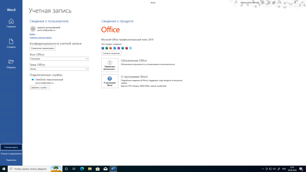 Учётная запись Word — вход выполнен, продукт Microsoft Office профессиональный плюс 2019